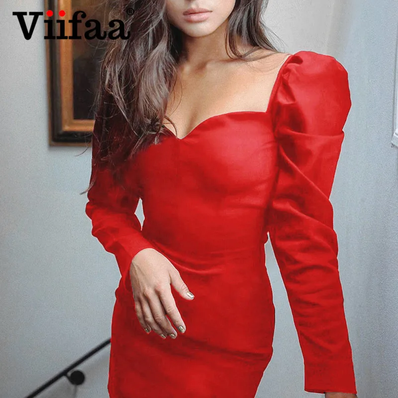 

Viifaa Puff Sleeve Sweetheart Neck Elegant Bodycon Red Dress Autumn Women Long Sleeve Backless Party Sheath Fitted Dress