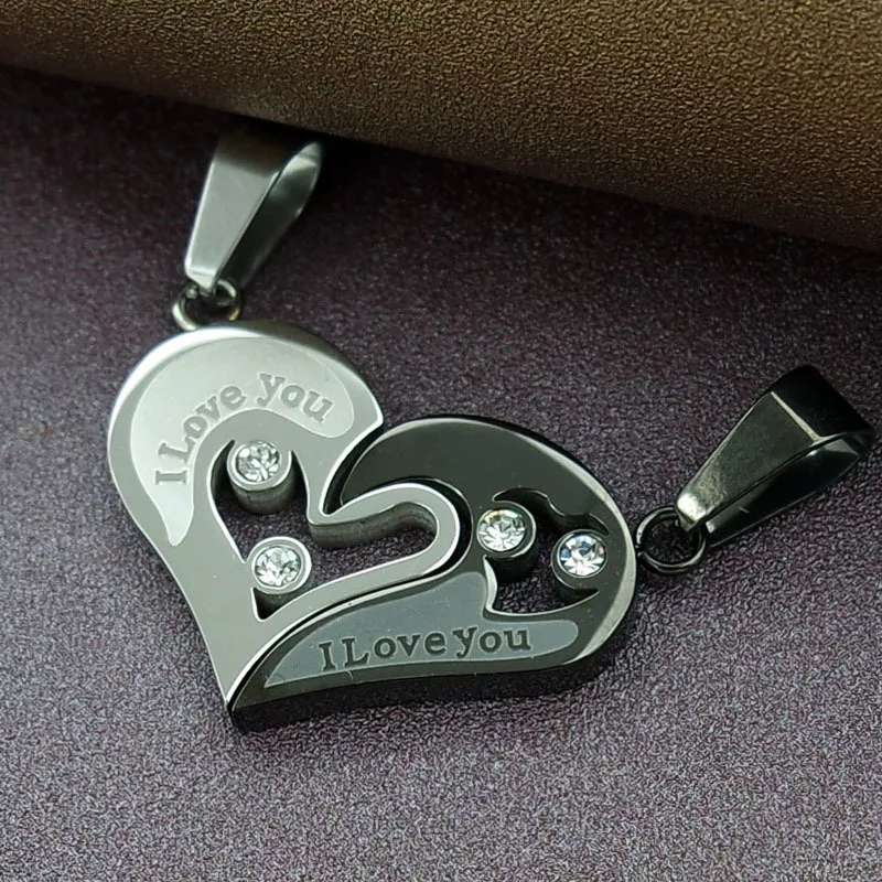 1 paar ICH Liebe Sie Schwarz Gold Blau Rosa Katze Kristall Herz Beste Freund Paar Lange Edelstahl Kette Halskette männer Frauen Schmuck – Detail 6