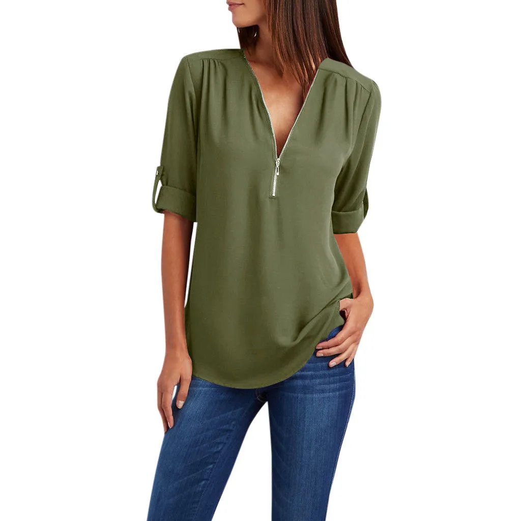 

Plus Size Women Zipper Blouse Sexy V Neck Button Chiffon Tops Shirt Ladies Short Sleeve Summer Shirts blusas mujer de moda 2019