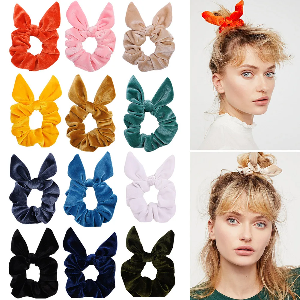 

1Pc Cute Vintage Hair Scrunchies Lady Stretch Bunny Ear Scrunchie Velvet Women Elastic Hair Bands Girl Ponytail Holder Hair Ties