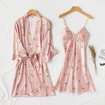 

Pink Twinset Robe Set Kimono Bathrobe Gown Satin Summer New Nightwear Home Clothing Casual Sleepwear Novelty Sleepshirt Negligee