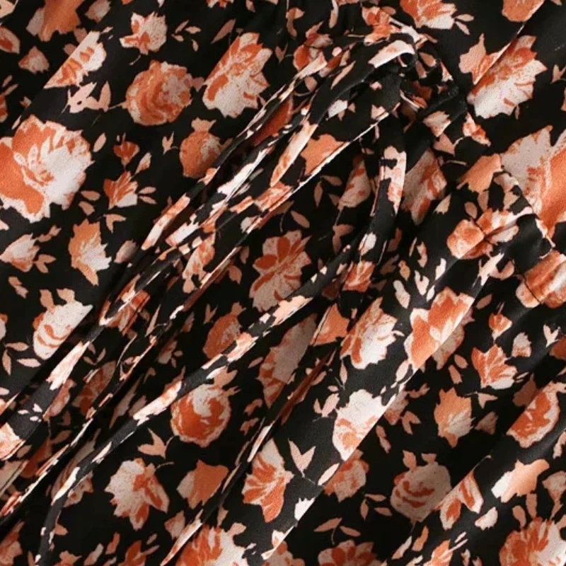 Vintage Flower Printing V Neck Waist Drawstring Women Dress Autumn Leisure Lady Long Sleeve Loose Dresses D3679