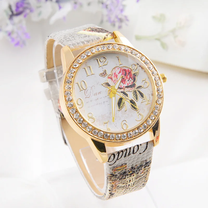 

Ethnic Style Point Rhinestone Pattern Ladies Watch Phnom Penh Pink Flowers Clocks Leather Strap Fashion Women Gift relógios часы