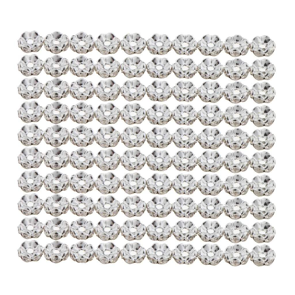 100 Pcs 8mm silver color Stainless Steel Rhinestone Loose Beads Spacer DIY Findings Flower /Round Style for NecklaceBracelet Jewelry