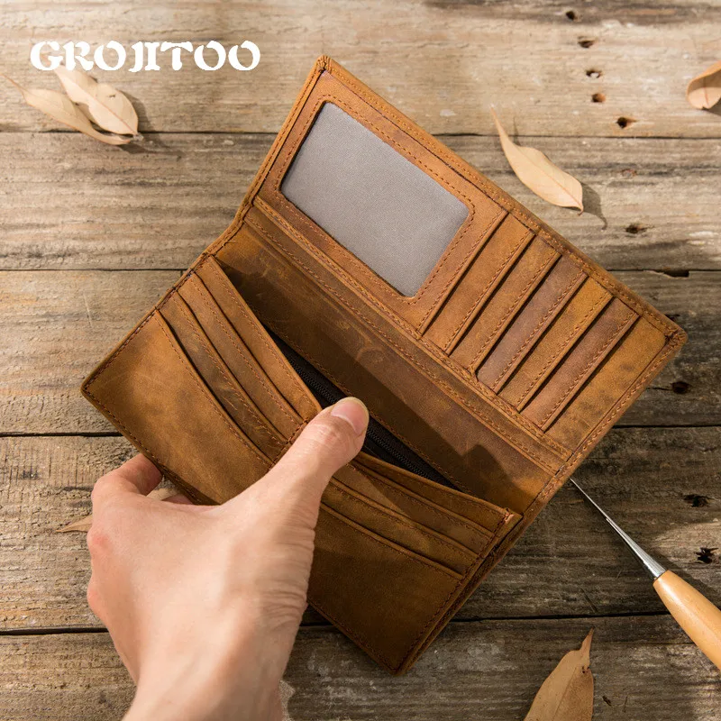 

GROJITOO 2020 Men Crazy Horse Leather Long Mobile Phone Wallet Top layer Leather Hand Made Wallet Genuine Cow Leather Women Bag
