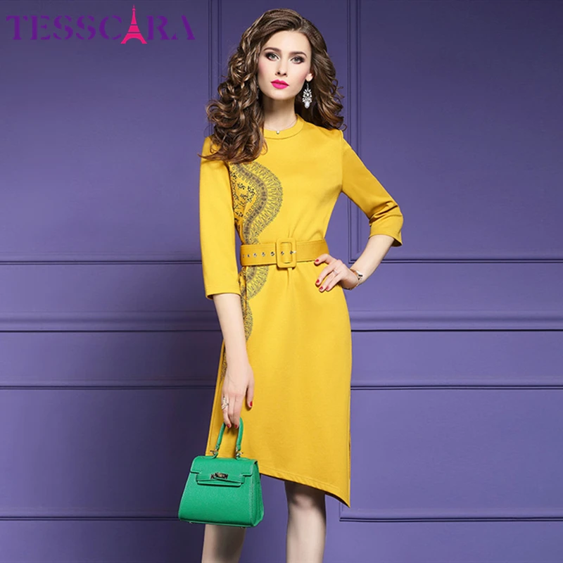 Женское платье с вышивкой TESSCARA Осеннее/зимнее Ассиметричное для офиса высокого