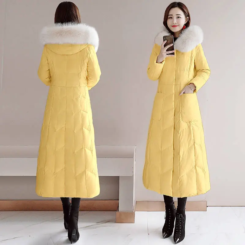 Зимний пуховик женский длинный темперамент Тонкий выше колена большой меховой воротник пальто куртка большой размер пуховик для женщин - Цвет: yellow