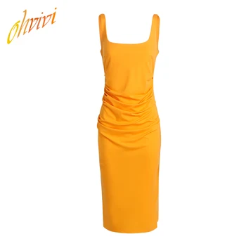

2019 Summer Cozy Women Clothing Style Sexy Double U Neck Solid Fashionable Spaghetti Elastane Sleeveless Ginger Yellow Dress
