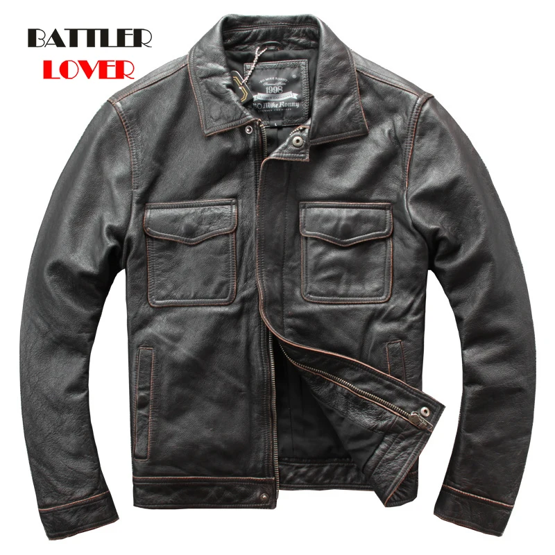 Free Shipping Mens 100% Cowhide Genuine Leather Jacket Males High Quality Old Retro Motorcycle Leather Punk Biker Jacket S-5XL