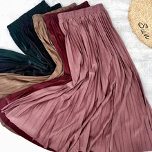 Осень-зима Для женщин юбка длиной макси юбки Высокая Талия ботильоны Длина плиссированная юбка; Цвета: серебристый металлик, расклешенные юбки Для женщин s