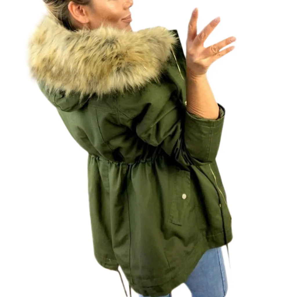 Зимние Модные женские теплые куртки в стиле милитари с капюшоном, повседневное однотонное пальто из искусственного меха, верхняя одежда, простое пальто с лисьим мехом, большие размеры