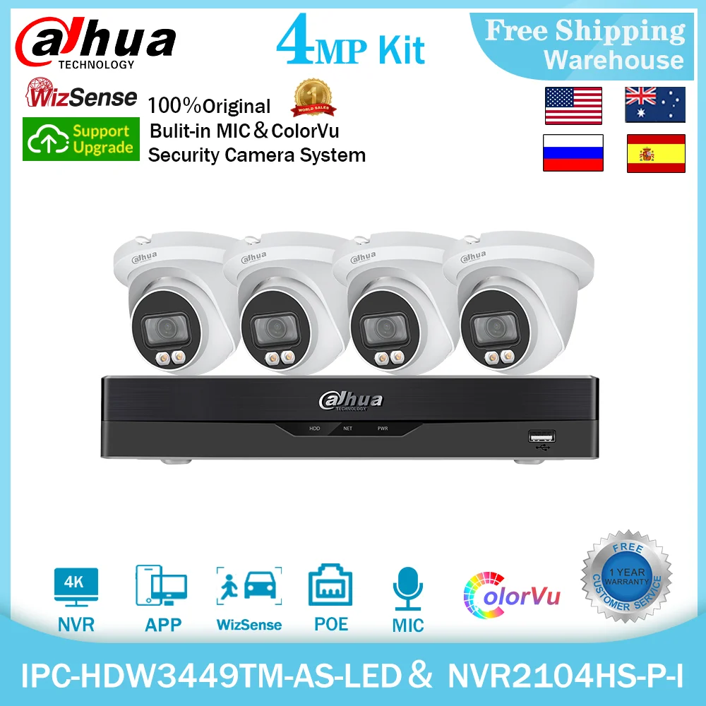 Dahua 4MP IP Camera Wizsense IPC-HDW3449TM-AS-LED 4K NVR NVR2104HS-P-I H.265+ POE CCTV Video Recorder Surveillance System Kit |