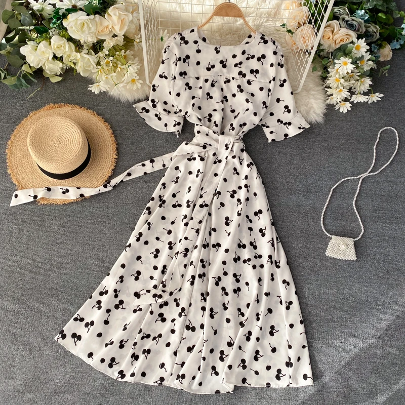 SINGRAIN Women Long Print Dress Summer Holiday French Korean Romantic Beach Dress Short Sleeve Clubwear Bohemian Floral Sundress