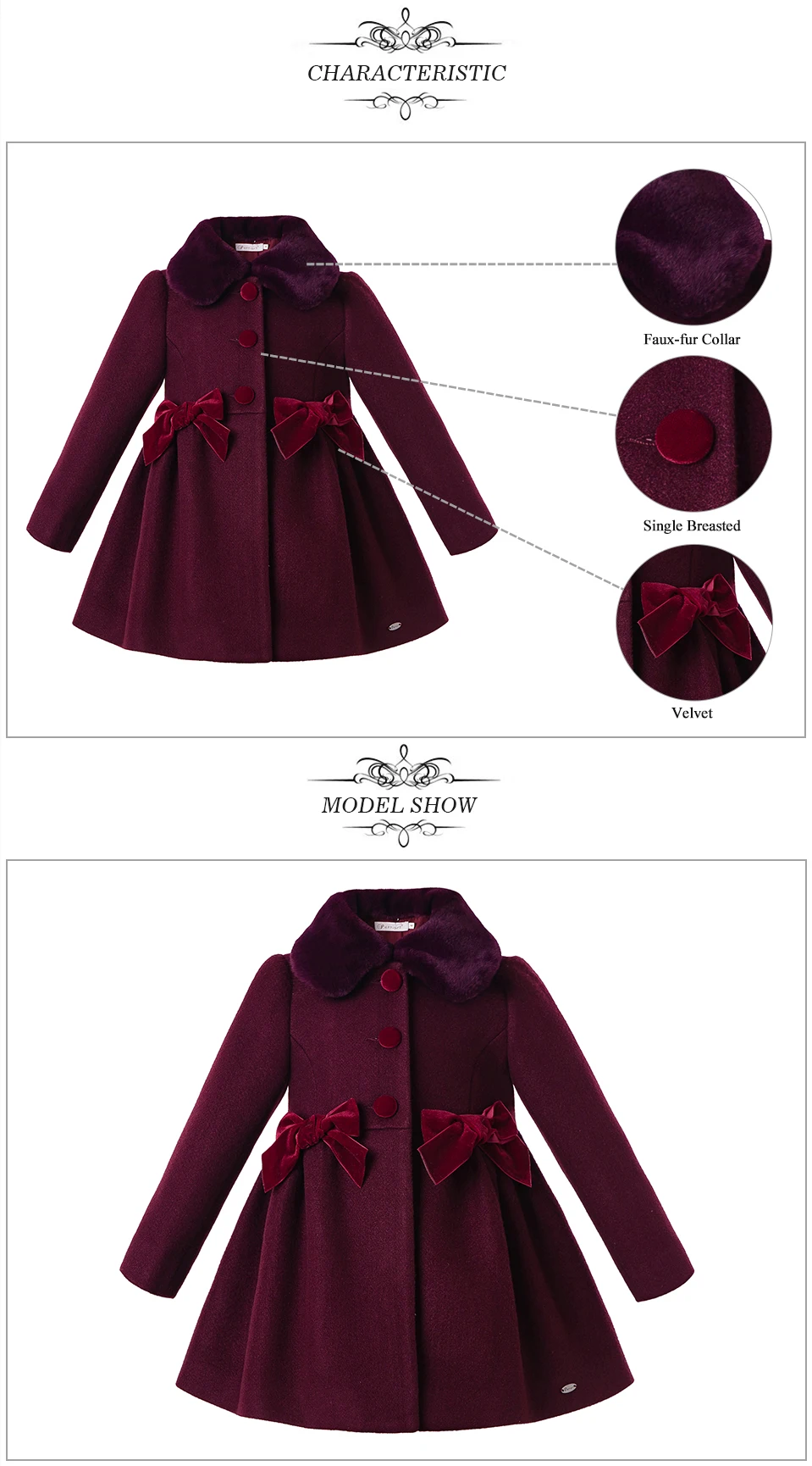 Pettigirl Fall Velvet Wine Red Winter Girls Coats With Bows Faux-Fur Collar Single Breasted Christmas Baby Girl Clothing