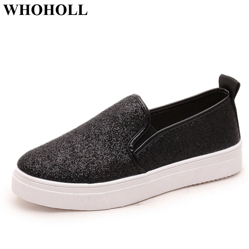 

New Women Flat Shoes Platform Loafers Slip-on Casual Spring Autumn Female Footwear Bling Stylish Solid Black Silver Ladies Shoes