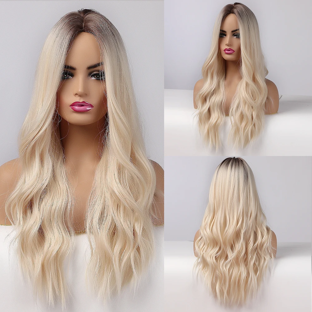 Long Water Wavy Synthetic Wigs Ombre Brown Middle Part Natural Hair Wigs For Women Cosplay Wigs Heat Resistant Fiber