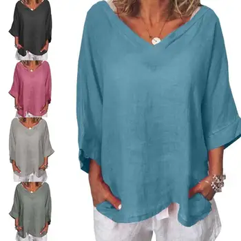 

New Arrival Fashion Women Summer Linen 3/4 Sleeve V-Neck Pullover Loose Blouse Top shirts For Women