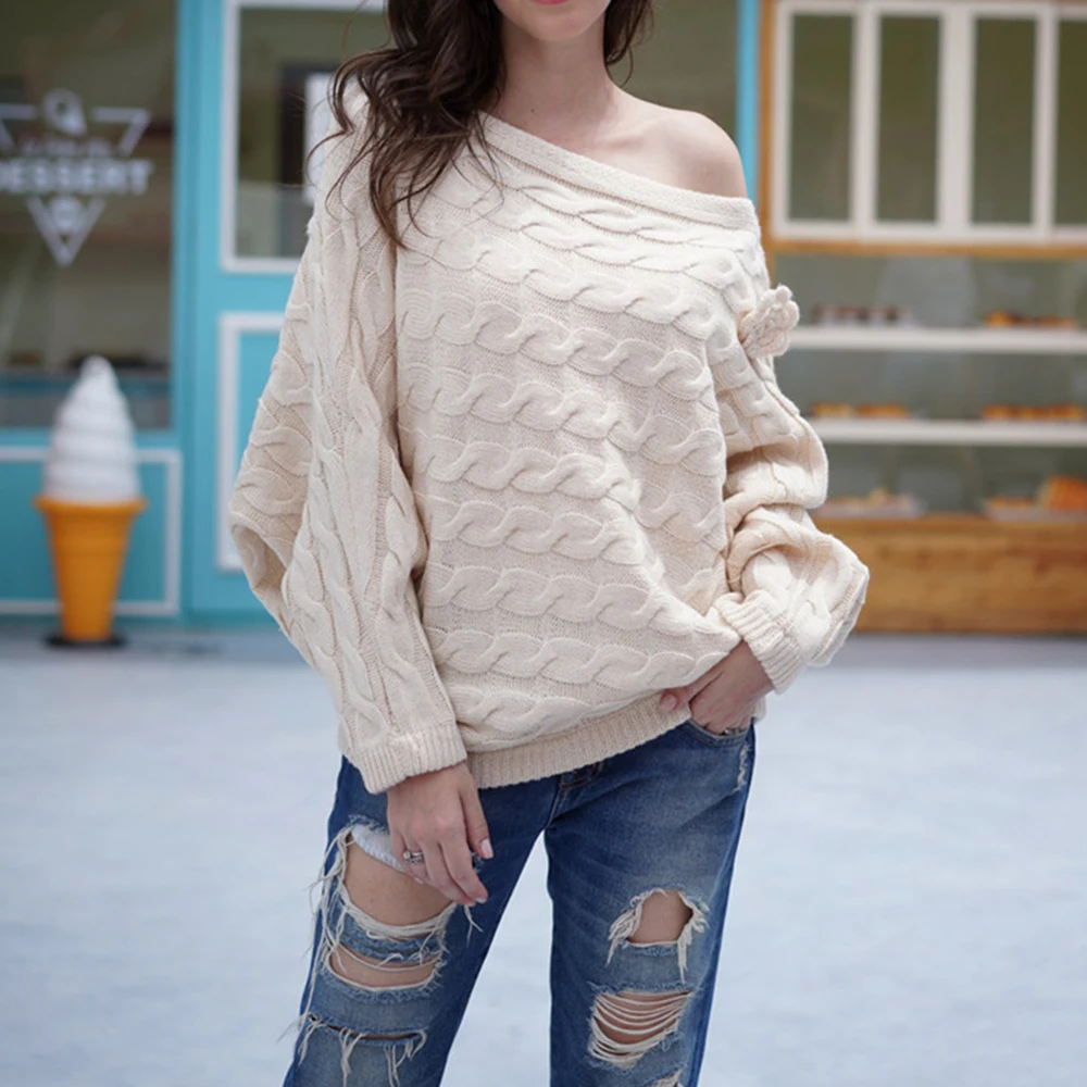 Sexy Off Shoulder Batwing Sleeve Knitted Pullover Sweater Women Oversized Twist Sweaters Winter Warm Loose Knitwear Tops | Женская