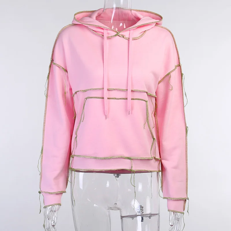 

Autumn personality contrast color line drawstring hooded fashion casual sweatshirt women