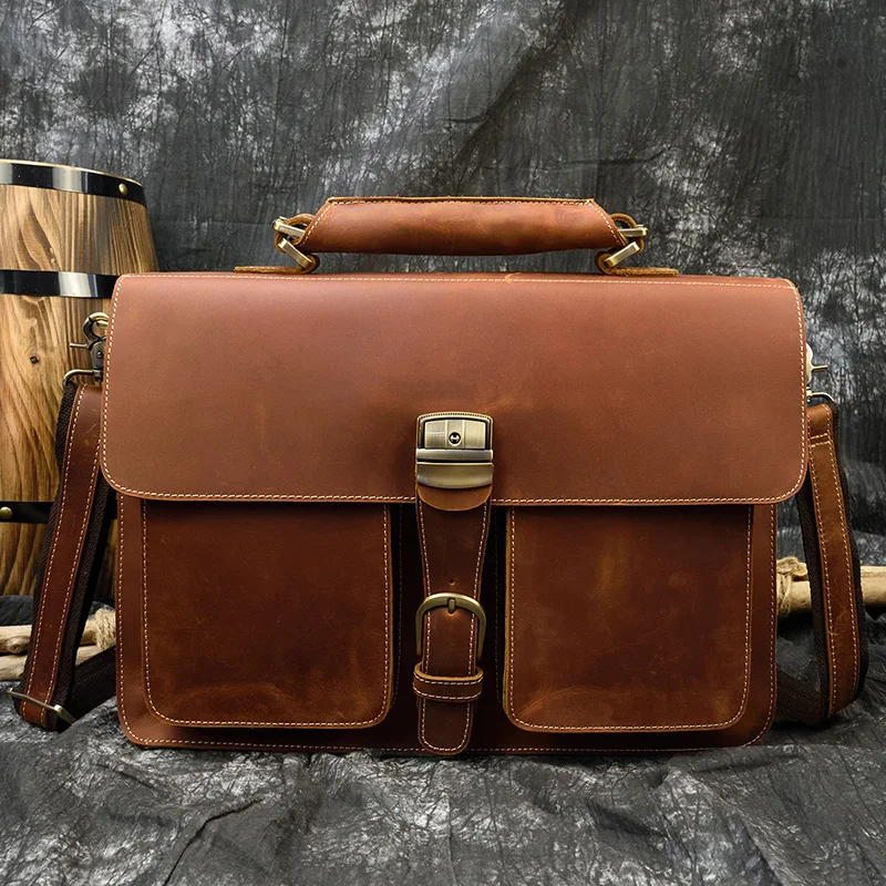 Leather Briefcase Document Bag 100% Genuine Leather Men Briefcase Cow Leather Laptop Bag Vintage Shoulder Bag Real Cowhide Computer 15.6"