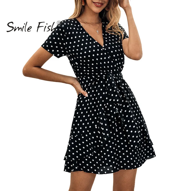 

Sweet Ruffles Summer Dress Women Clothes V-Neck Bandage Mini Sundress Dot Floral Print Short Sleeve Vacation Dress Beach GV459
