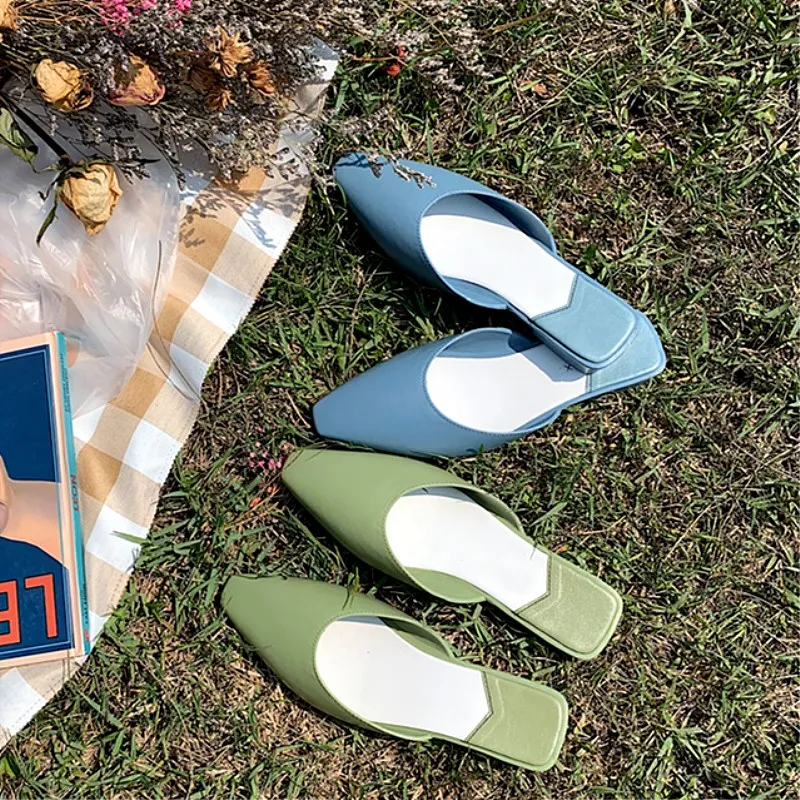 Мюли SLHJC женские с квадратным носком летние модные сандалии на плоской подошве