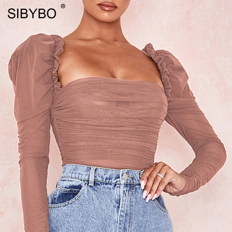 Buy SIBYBO Mesh Transparent Skinny Sexy Bodysuit Women Long Sleeve Square Collar Women Rompers Backless Nightclub Bodysuit Jumpsuit