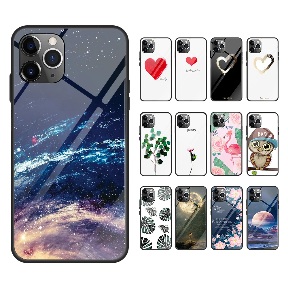 

Shockproof Phone Case For iPhone 6 6S 7 8 Plus X XR XSMax 11 Flower Type Gradient Starry Sky Leaves Heart-shaped Hard Glass Case