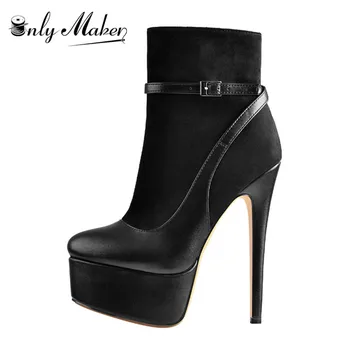 

Onlymaker Women's Platform Round Toe Stiletto 15~16CM Heel Patchwork Ankle High Red and Black Side Zipper Booties For Winter