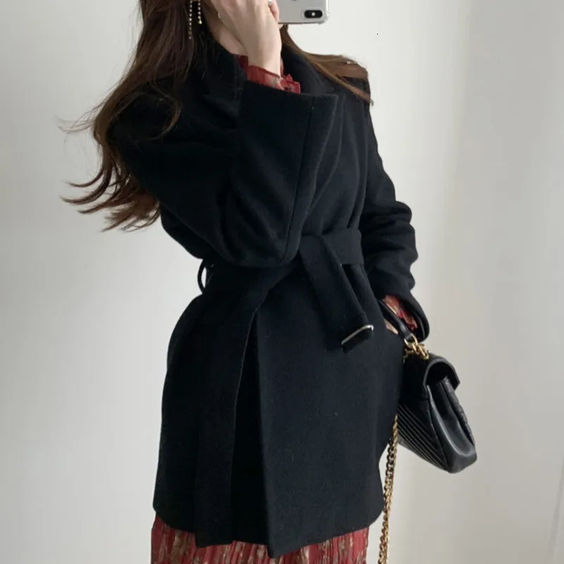 Korean Autumn Winter Women Wool Blend Blazers Jackets With Belt Work Office Lady Suit Casual Slim Business Female Blazer Coat