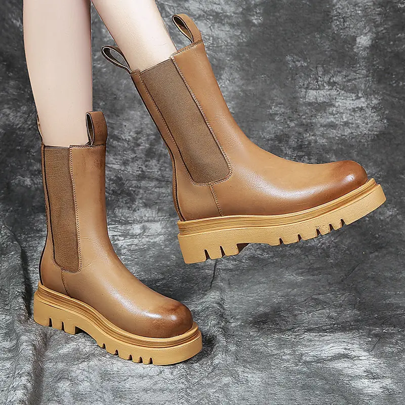 Timalina Europe Style Women's Shoes Women Boots Autumn Cowskin Leather Half Boots Thick Heels Fashion Martin Boots Round Toe