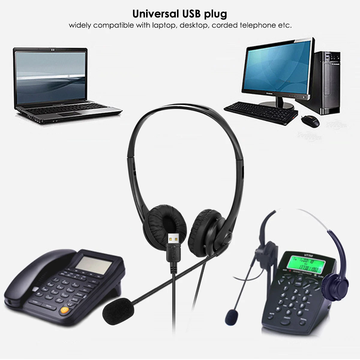 USB Wired Headset Earphone with Noise Concealing Microphone for Laptop Desktop Corded Telephone ABS Plastic On Ear Headphone