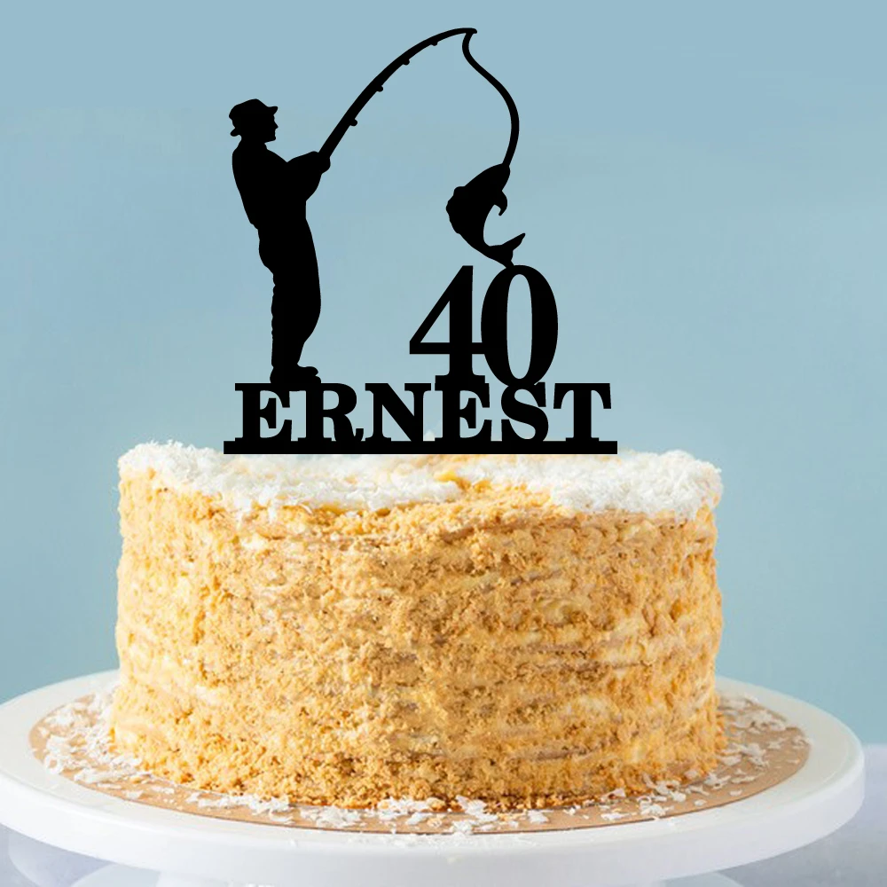 Personalized Fishing Style Men Birthday Cake Topper Acrylic Wood Black  Custom Father Name Age Cake Decoration Party Supplies - Cake Decorating  Supplies - AliExpress
