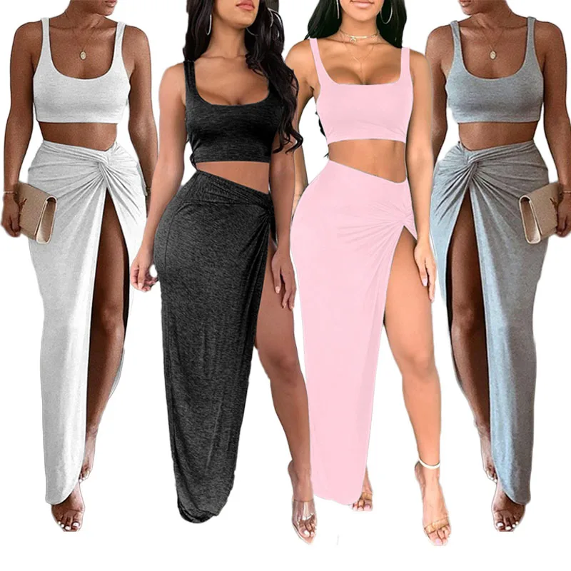 Sexy Party 2 Two Piece Set Women Slit Crop Top Twist Side Split Long Skirts Matching Sets Club Two Piece Outfits New 2021