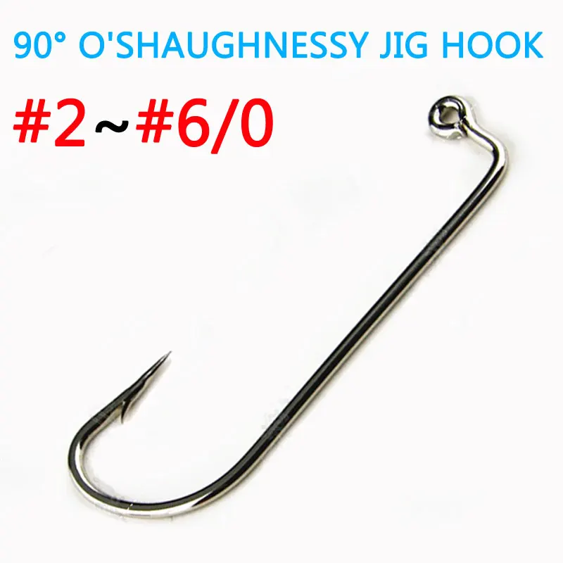 [100pcs] High Carbon Steel 90 Degree O'shaughnessy Jig Hook / Barbed Jig  Fish Hook for Salltlwater Fishing Size #2~#6/0