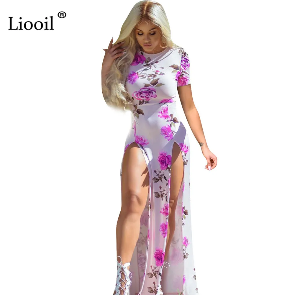 

Liooil Flower Slit Maxi Dress Sexy Birthday Outfits For Women 2019 Short Sleeve O Neck Print Long Dresses Woman Party Night Club