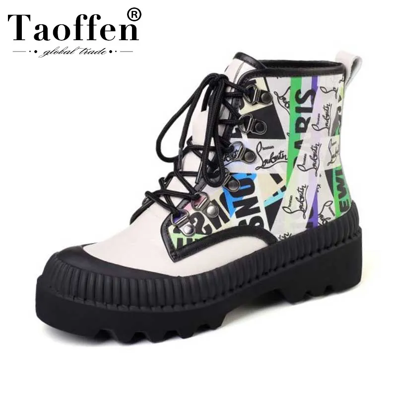

Taoffen Colorful Women Real Leather Flats Ankle Boots Cross Strap Round Toe Fashion Shoes Woman Comfortable Boots Size 34-40