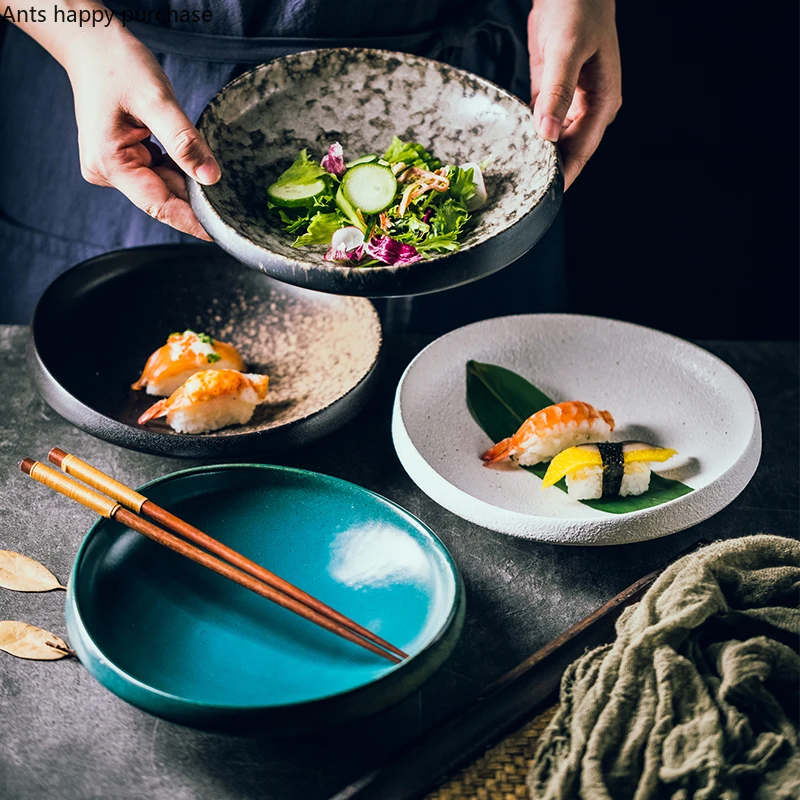 Assiette Japonaise En Ceramique A Bord Epais Restaurant Hotel Vaisselle Bol De Table De Grande Capacite Couverts Glacure De Couleur Assiettes De Table Aliexpress