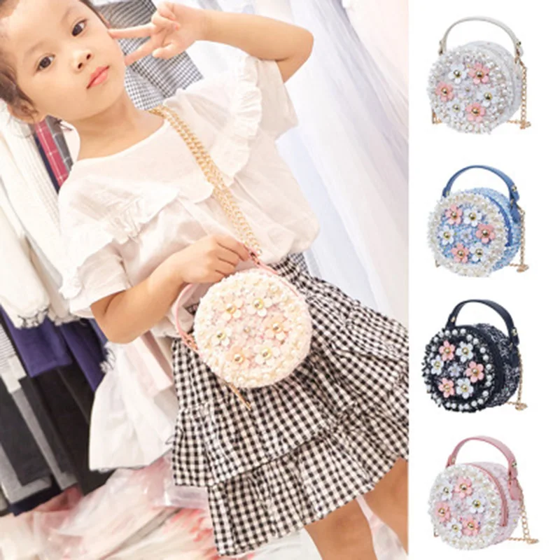 

Kids Girls Mini Shoulder Bag Purse Faux Pearl Flower Handbag Gifts with Chain J9