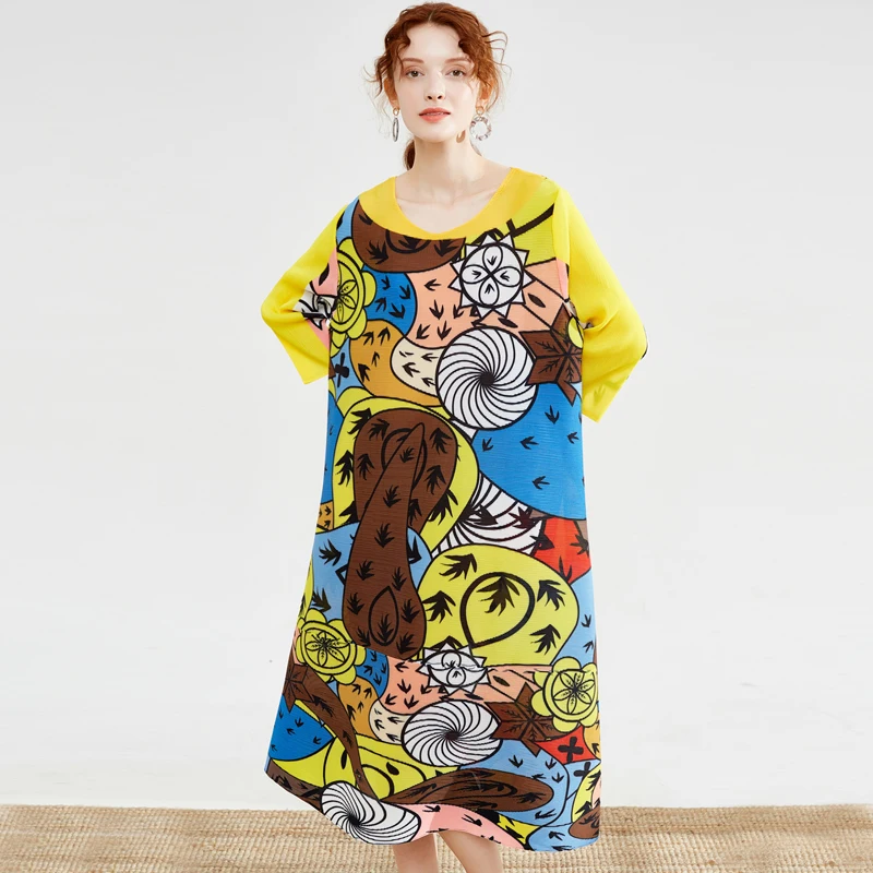 Новинка года; Miyake fold; сезон осень; Новинка; модные высококачественные эластичные свободные вечерние платья с принтом и рукавами; большие размеры; платье для девочек; TP5144