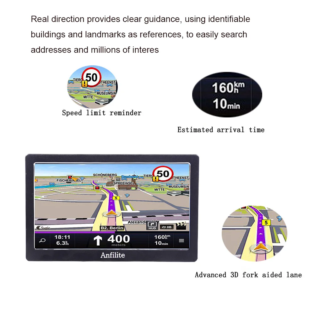 Anfilite Портативный 7 дюймовый HD Автомобильный GPS навигатор спутниковый 256/8 ГБ