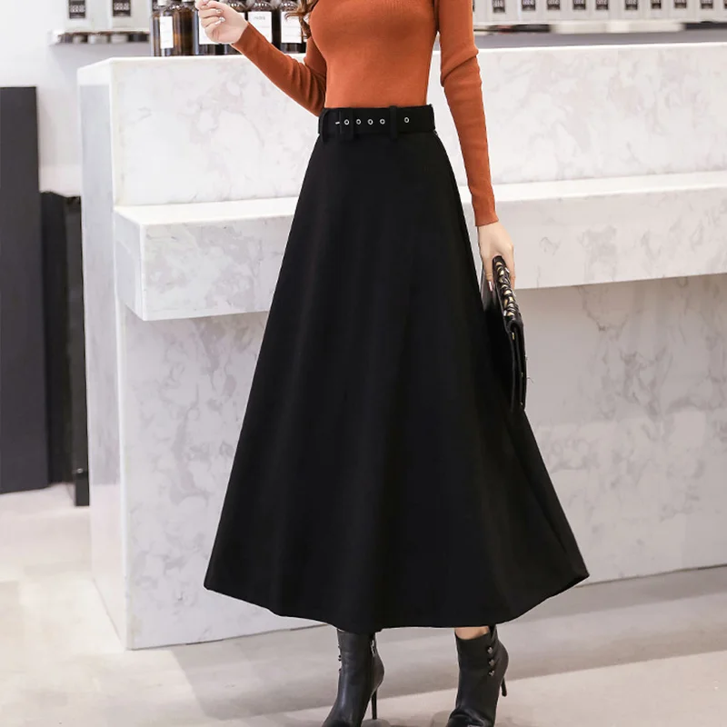 Autumn Winter Women's Woolen Maxi Skirts With Belt Pockets Vintage Wool Skirt Ladies Fashion Casual Khaki Streetwear Female