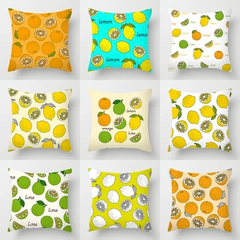

Double-sided Printing Polyester Custom Cushion Cover Blue Yellow Color Changing Lemon Orange Fruit Art Deco Fall Pillows Case