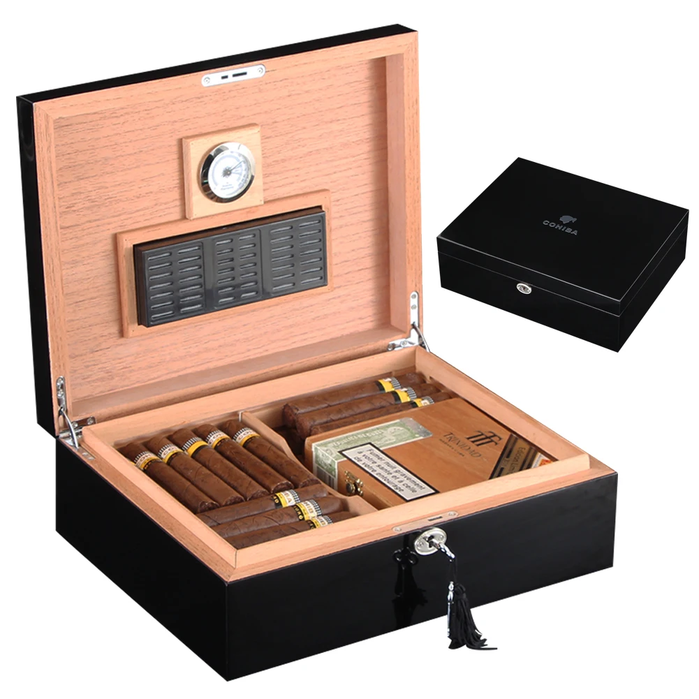 COHIBA Черный кедр Деревянный сигары Humidor W/увлажнитель с гигрометром глянцевое пианино отделка деревянный хьюмидор сигары коробка подходит 40-50 портсигар чехол