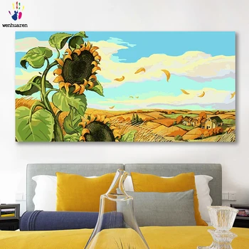 

DIY colorings pictures by numbers with colors Blue sky white clouds sunflower picture drawing painting by numbers framed Home