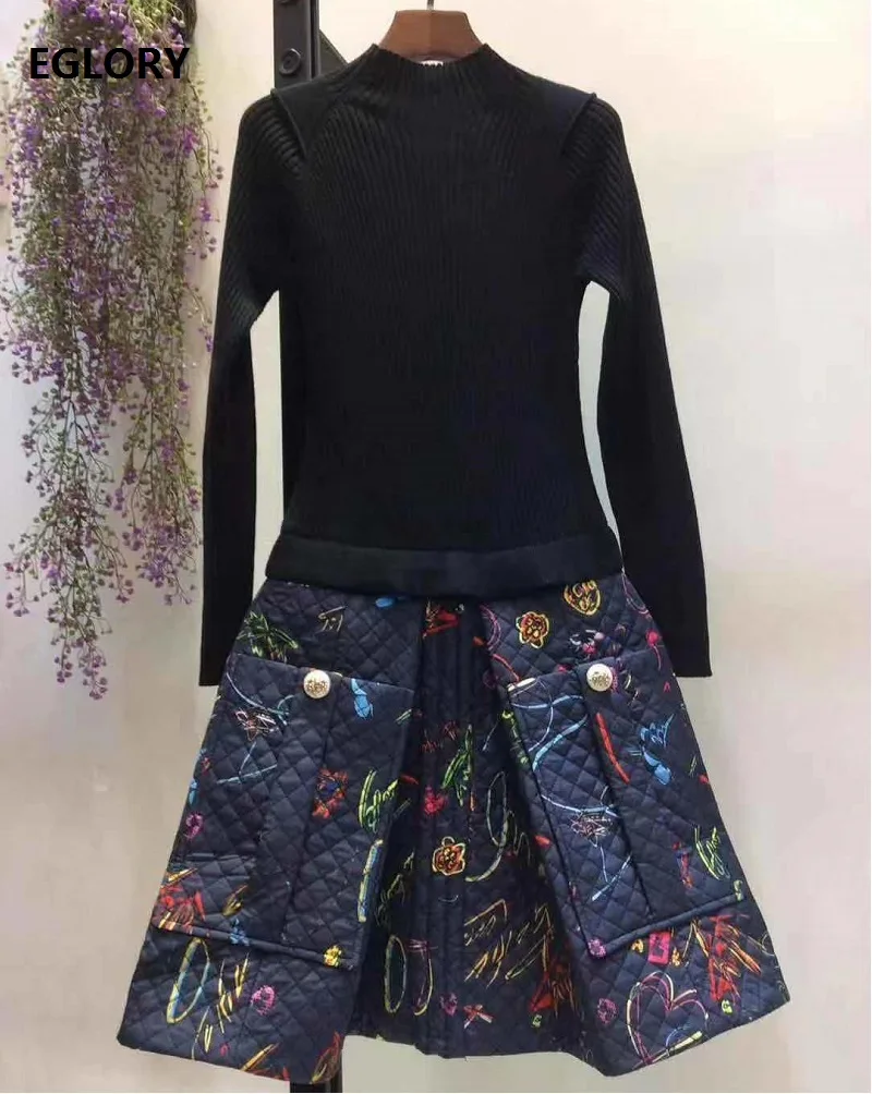 

2020 Autumn Winter Long Sweater Dress High Quality Women Vintage Print Patchwork Long Sleeve Casual Vintage Knitted Dress XL