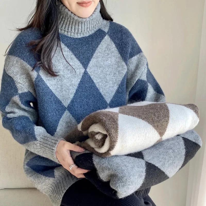 

Женский вязаный пуловер, элегантный свитер с длинными рукавами, вязаный свитер с узором ромбиками, 2021