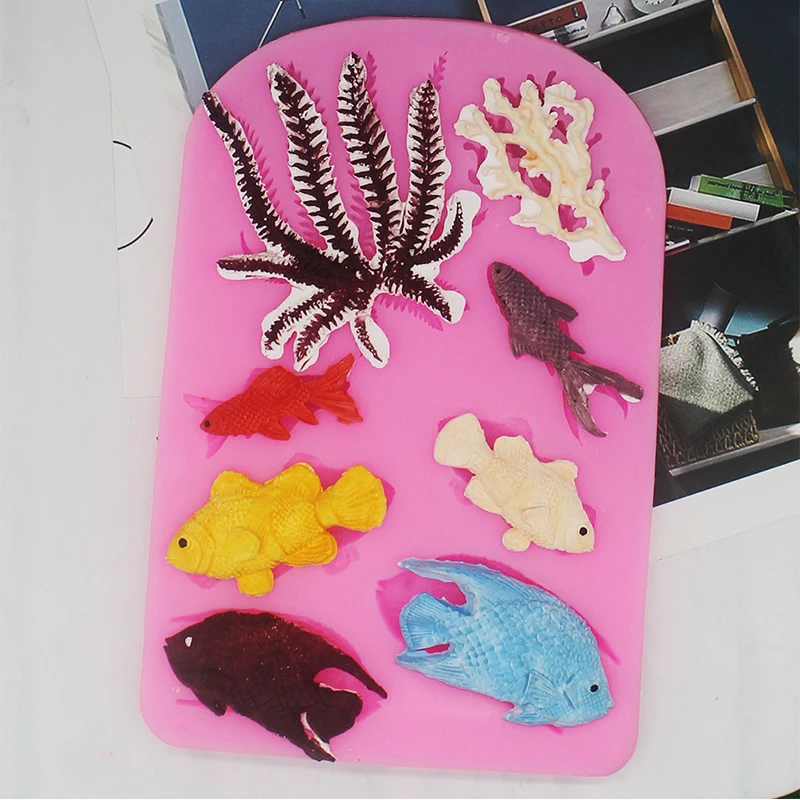 Ocean Fish Seaweed Silicone Mold DIY Cake Border Fondant Cake Decorating Tools Sea Coral Cupcake Chocolate Moulds