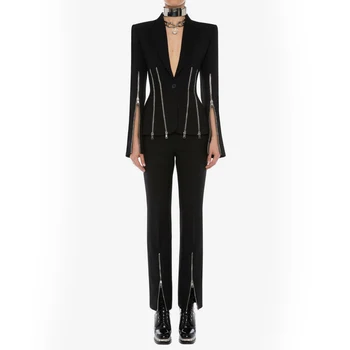 

High Quality Black Zipper Long Sleeve 2 Pieces Set Fashion Set Evening Party Set