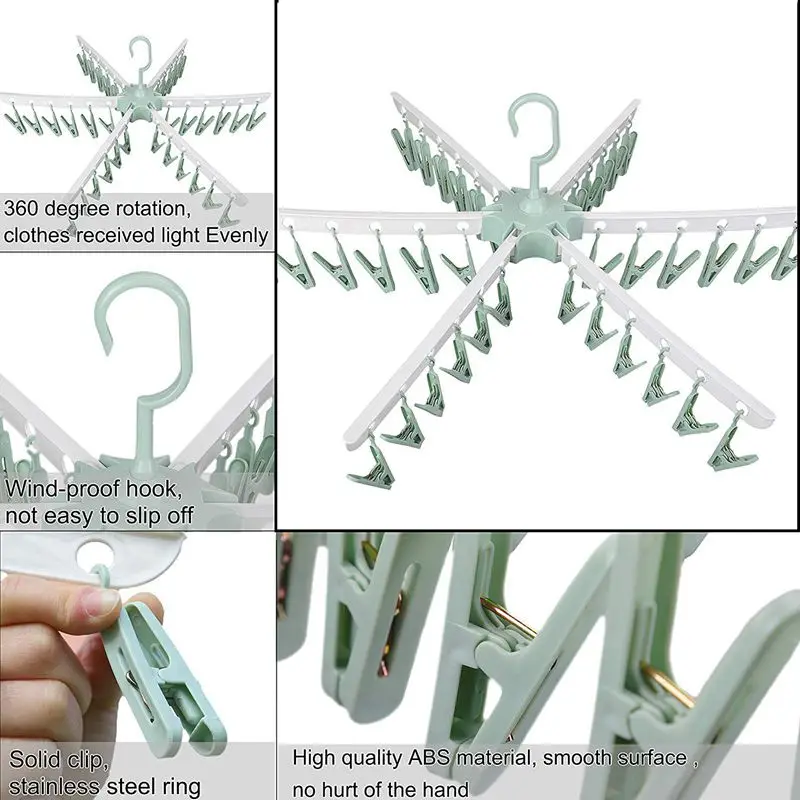Swivel Hook Plastic 36 Pegs Drying Rack Clothes Hanger for Underwear Socks Gloves(Green